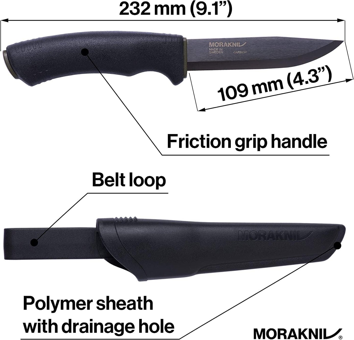 Morakniv Carbon Steel Fixed-Blade Bushcraft Knife with Sheath, Black